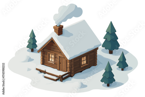 Cozy snow-covered cabin with smoky chimney among snowy pines