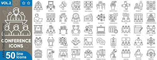 Conference icons set. Related business meeting, seminar, presentation, and networking icon collection for web, app, infographic, and more. Vector illustration