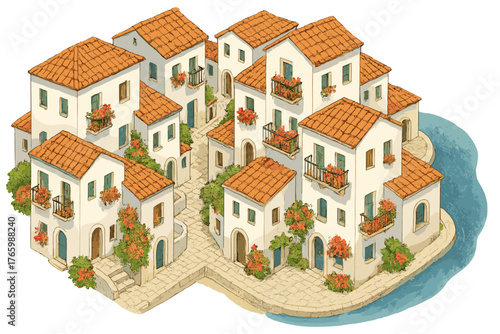 Charming mediterranean village with red roofs and floral balconies by the sea