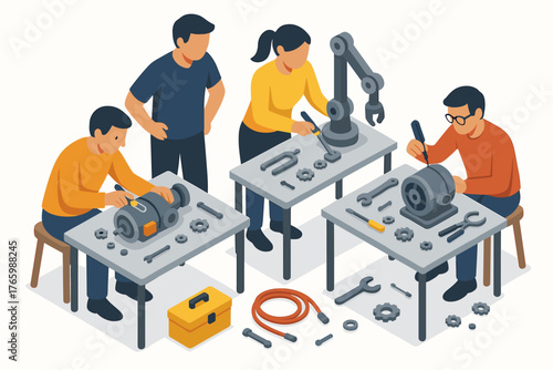 Collaborative workshop with diverse engineers assembling mechanical parts