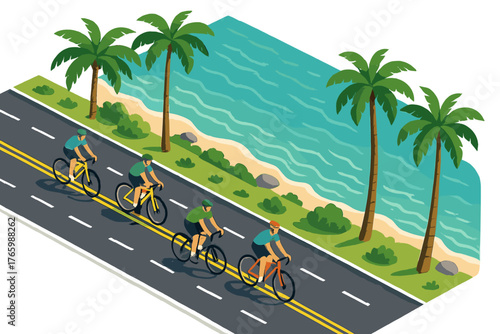 Group of cyclists riding along tropical beachside road under palm trees