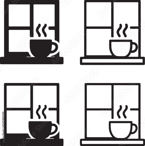 Isolated steaming cup beside window icon set, cozy beverage, warm drink, minimal thin stroke, solid black outline, coffee tea vector, winter comfort steaming cup near window vector art