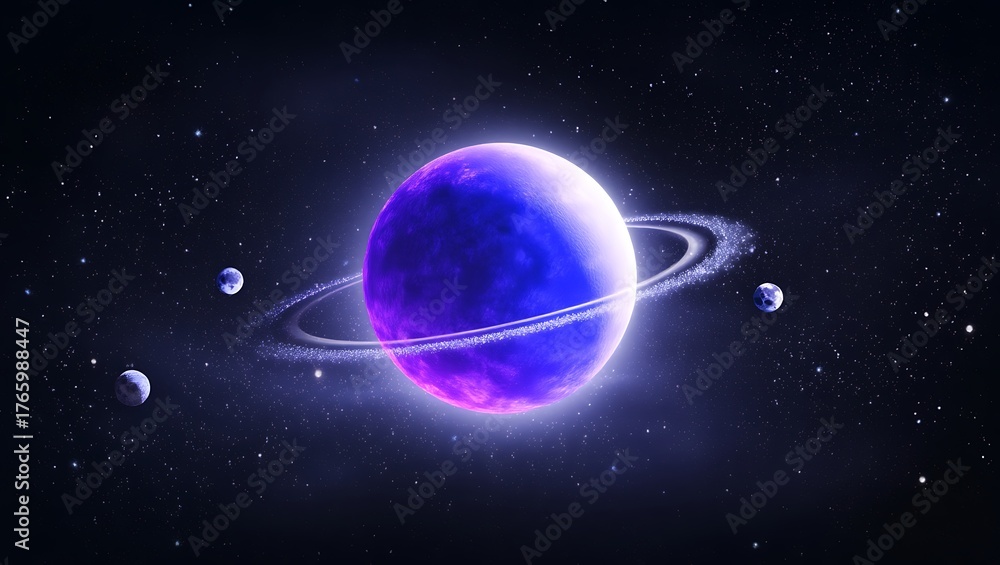 Obraz premium Glowing purple planet with rings in a starry nebula