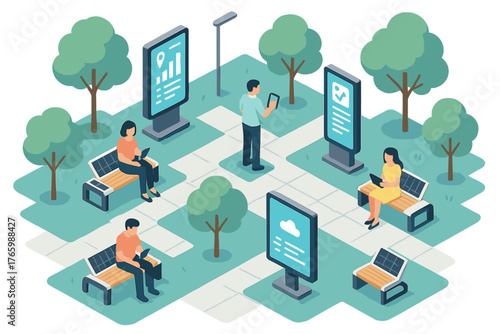 Isometric smart park with interactive screens and diverse visitors relaxing