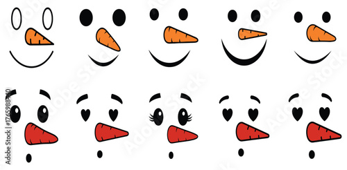 Snowman Faces Icons, Set Of Happy Sad And Blushing Expressions For Winter Design Project Management And Holiday Applications

