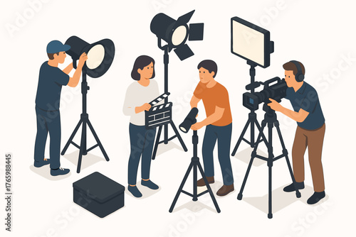 Filmmaking crew collaboration with equipment on set