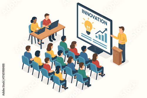 Diverse audience attends innovation seminar with presentation on growth