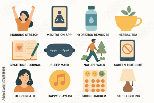 Wellness routine: morning stretch, meditation, hydration, herbal tea, gratitude, nature walk