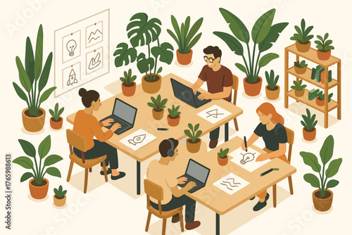 Young caucasian adults working in plant-filled office on laptops and papers