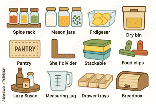 Kitchen organization items including spice rack, mason jars, and breadbox