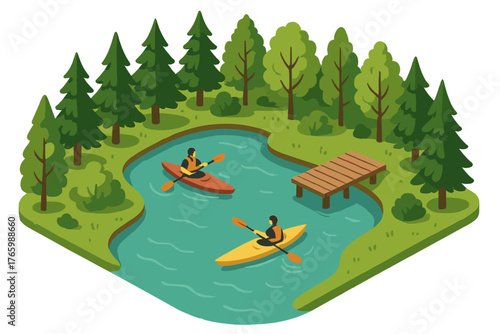 Canoeing adventure in forested river with two african adults