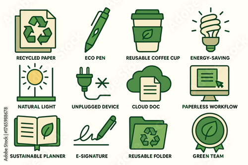 Eco-friendly office practices: recycled materials, energy efficiency, sustainable tools, paperless workflow, green team