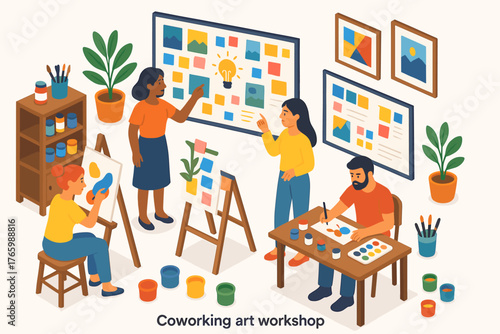 Diverse adults engaged in creative coworking art workshop