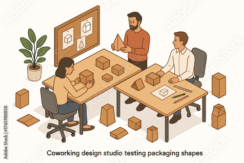 Team collaborating in design studio testing packaging prototypes
