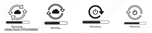 Vector art of syncing, updating, rebooting, and restarting icons represent data management, system maintenance, and device operation on transparent background