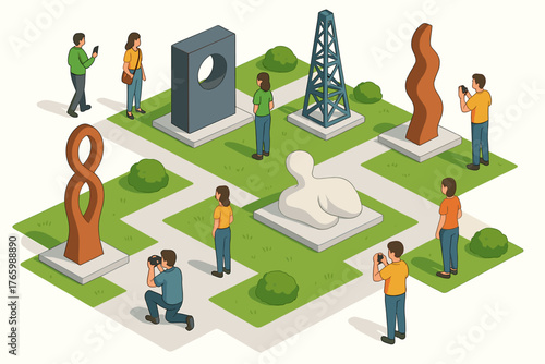 People exploring modern art sculptures in outdoor park setting