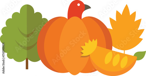 Thanksgiving day elements bundle festive turkey pumpkin autumn leaves vector illustration