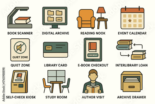 Library amenities and services icons including study room, e-book checkout, and digital archive