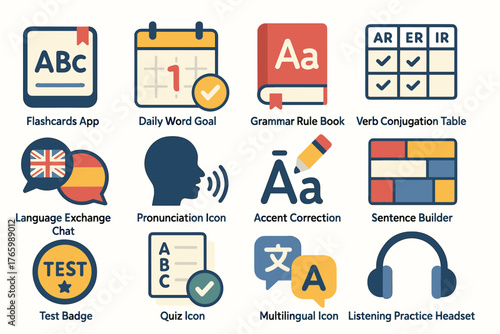 Language learning tools: flashcards, grammar, vocabulary, listening, pronunciation, multilingual features