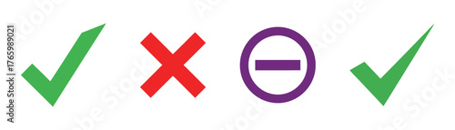Vector art of four symbols two green checkmarks, a red cross, and a purple circle with a minus sign, arranged in a horizontal line on transparent background