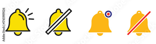 Vector art of notification bell icons with varying states, representing alerts, reminders, and mute options for digital communication and settings on transparent background