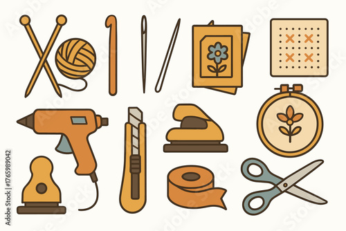 Assorted craft tools including yarn, scissors, and glue gun in retro style