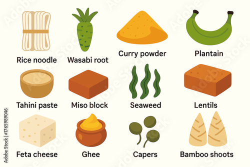 Assorted ingredients: rice noodles, wasabi, curry powder, plantain, tahini, miso, seaweed, lentils