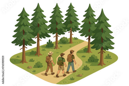 Three young caucasian males hiking on forest trail