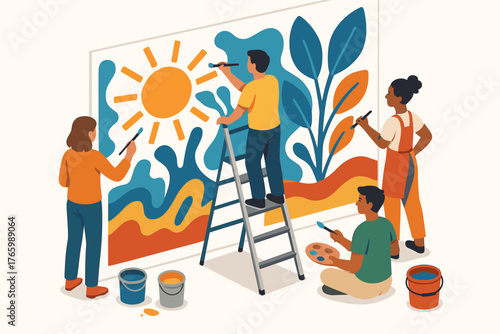 Diverse group painting colorful mural together on large canvas