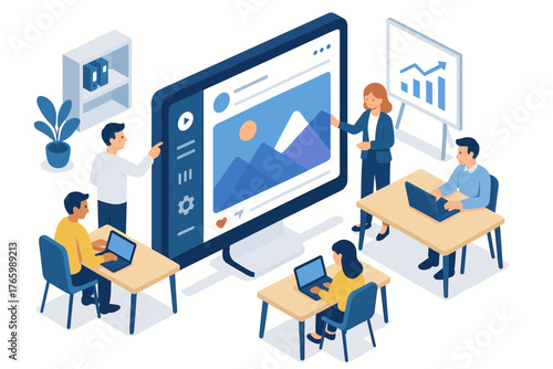 Team of young caucasian colleagues collaborating on digital presentation in modern office