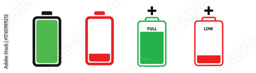 Vector art of battery level indicators, showing full, low, and charging status for electronic devices and energy management systems on transparent background