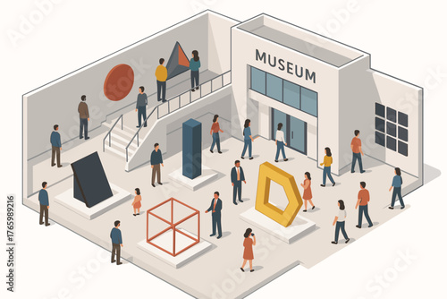 Diverse visitors exploring museum exhibits: art shapes and sculpture interaction