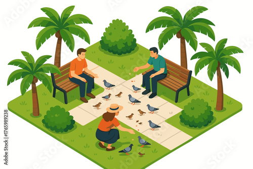 Isometric park scene with people feeding pigeons and lush greenery