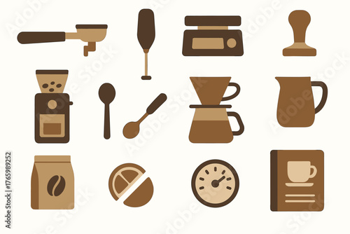 Minimalist coffee brewing essentials: grinder, kettle, dripper, scale, tamper icons
