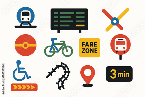 Public transportation icons: train, bus, bicycle, route, accessibility symbols