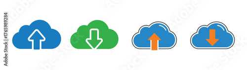 Vector art of cloud upload and download icons, representing data transfer and storage for cloud computing and network services on transparent background