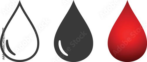 Three blood drops icons set in outline, solid black, and realistic red drop different styles.
