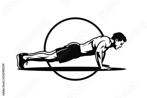 A man performs a push-up exercise with a circular graphic behind him, symbolizing fitness.