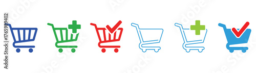 Vector art of colorful shopping cart icons with add and check symbols, representing online shopping, ecommerce, and order confirmation on transparent background