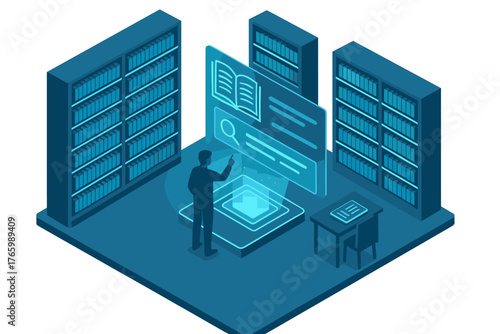 Young male engages with virtual library interface in modern digital space