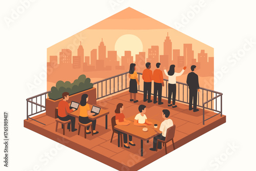 Group of adults enjoying sunset on rooftop with cityscape view