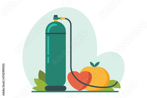 Green oxygen tank connected to a heart symbol and an orange.