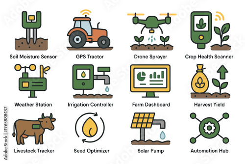 Smart farming technology icons - sensors, drones, gps, and irrigation systems