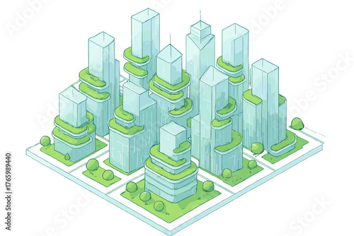Futuristic green cityscape with modern skyscrapers and eco-friendly design