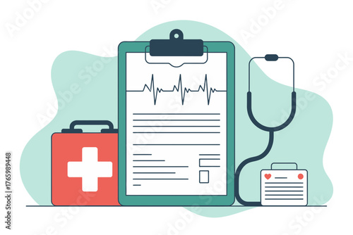 Medical chart with electrocardiogram, first aid kit, and stethoscope representing healthcare.
