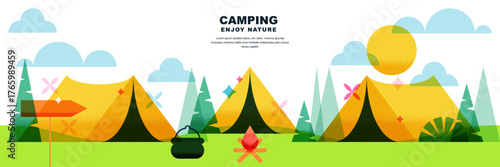 Vector illustration of camping with tents in forest, pine trees, campfire. Outdoor travel, hiking banner background