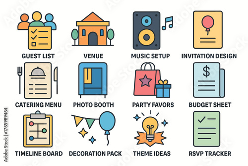 Event planning icons: guest list, venue, music, invitations, and more