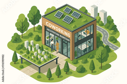 Green coworking space with solar panels and architecture workshop in urban park setting