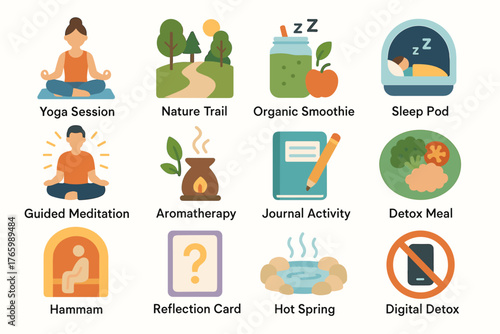 Wellness icons featuring yoga, nature, smoothies, meditation, and detox elements