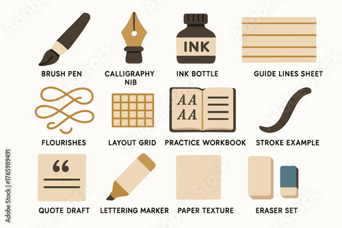 Calligraphy tools and materials set with brush pen and ink bottle